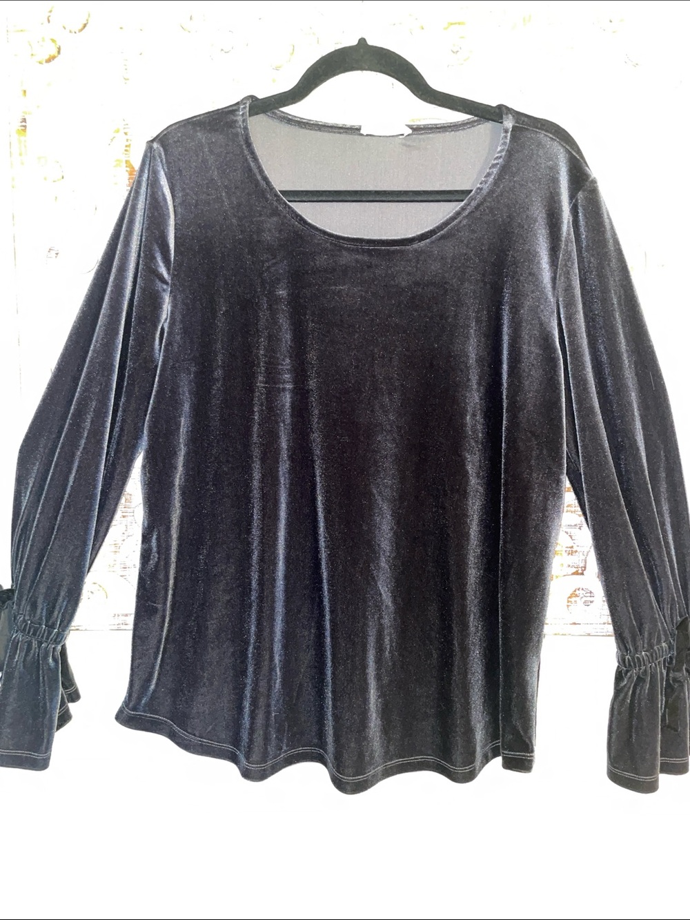 Pleione Velvet Long Sleeve Scoop Neck Top - charcoal